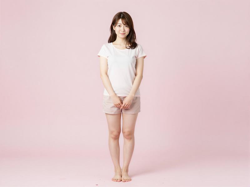 ピンク背景で微笑む女性ポートレート