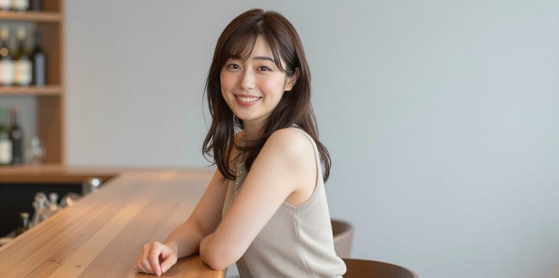 カフェで微笑む若き女性のポートレート