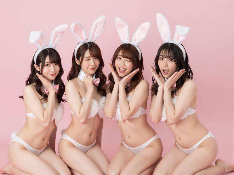 ピンク背景でポーズをとる4人の美女のポートレート