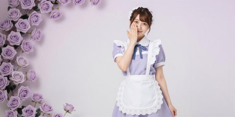 紫色のバラとメイド服の女性ポートレート