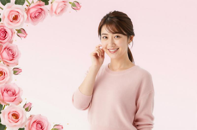 ピンクのロースと笑顔の女性ポートレート写真素材