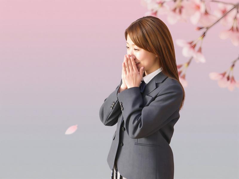 桜の季節に微笑むビジネスウエアの女性ポートレート