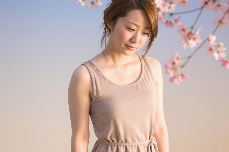 桜の下で微笑む女性ポートレート