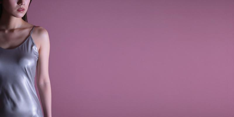 ピンク背景のシルクドレス姿の女性ポートレート