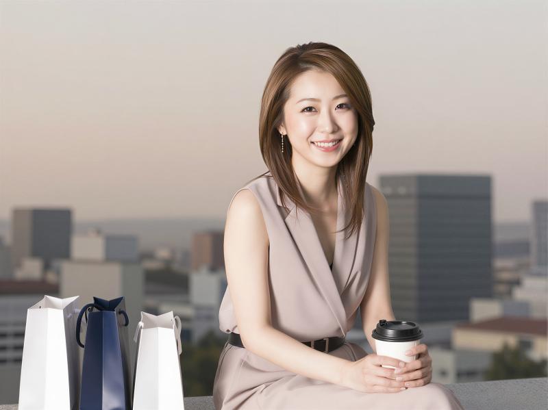 都会の夕暮れ、リラックスしたビジネス女性のポートレート