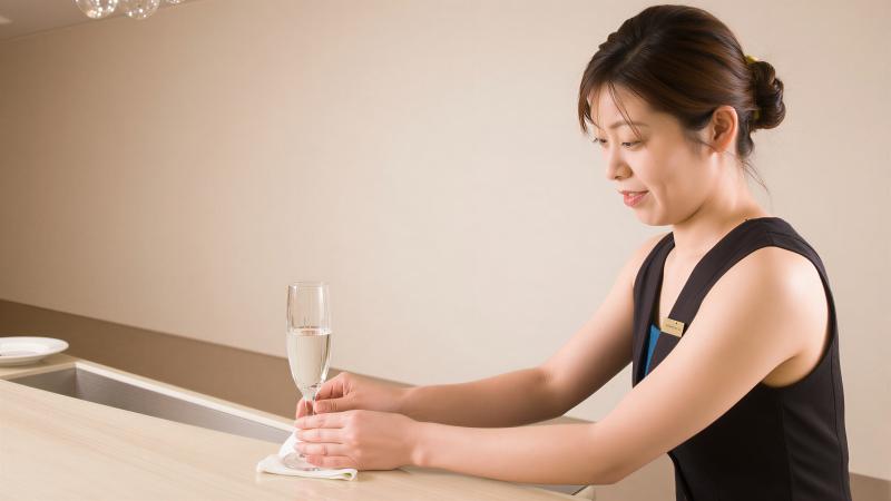 ホテルのバーでシャンパンを拭う女性