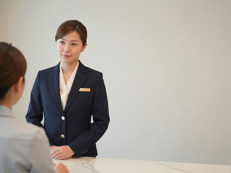 ホテルフロントで接客する女性スタッフのポートレート