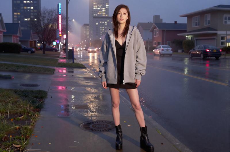 雨の街並みでポーズをとる美女のポートレート