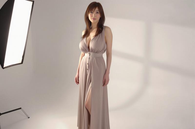 優雅なベージュドレスの女性ポートレート