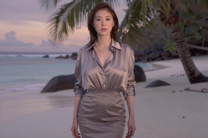 夕暮れ時のビーチでポーズをとる美女のポートレート