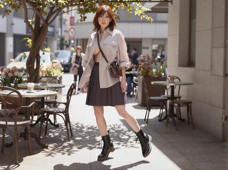 街角カフェでポーズをとる若き女性