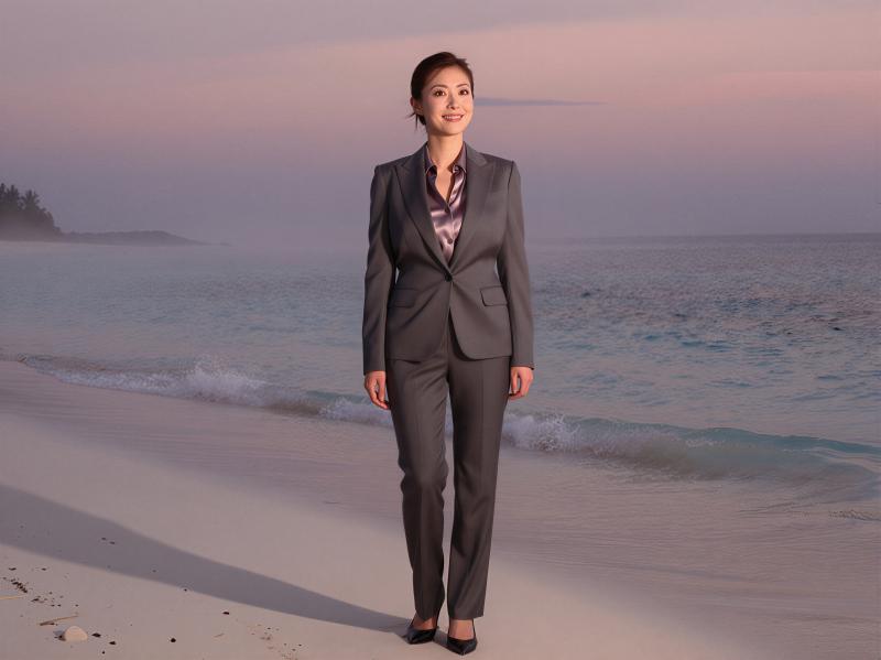 夕暮れ時のビーチで微笑むビジネススーツの女性ポートレート