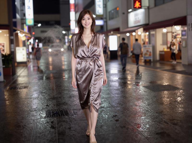 雨の夜の街を歩く着た女性ポートレート