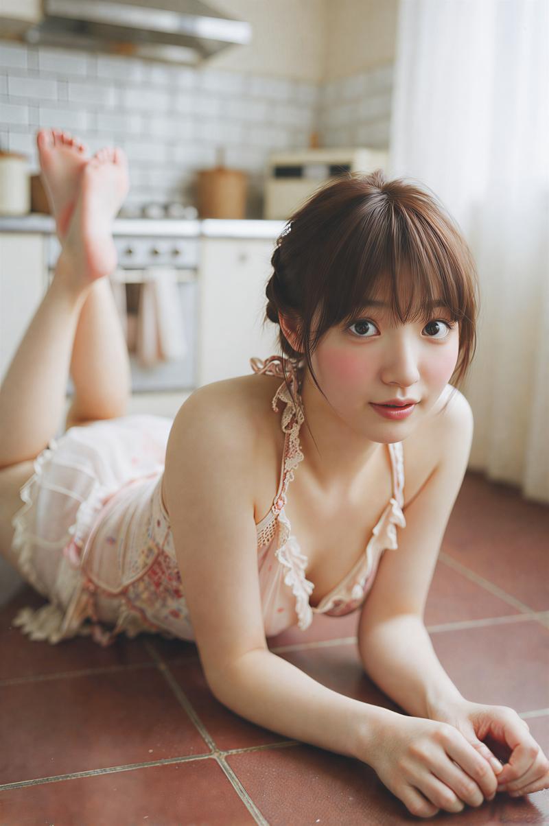 キッチンでポーズをとる若き女性のポートレート