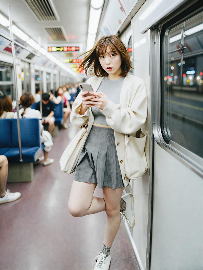 都会の電車内を歩く若き女性のポートレート