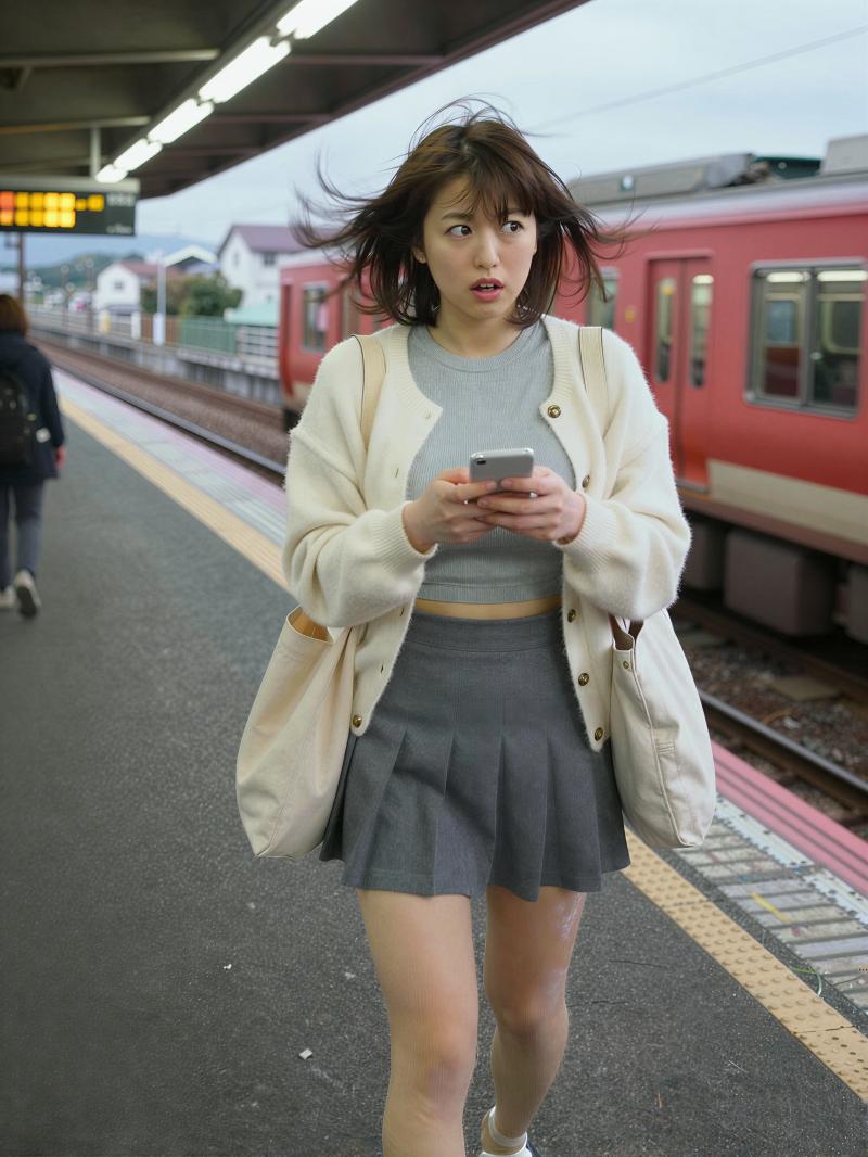 駅でスマホを見ている若手女性のポートレート