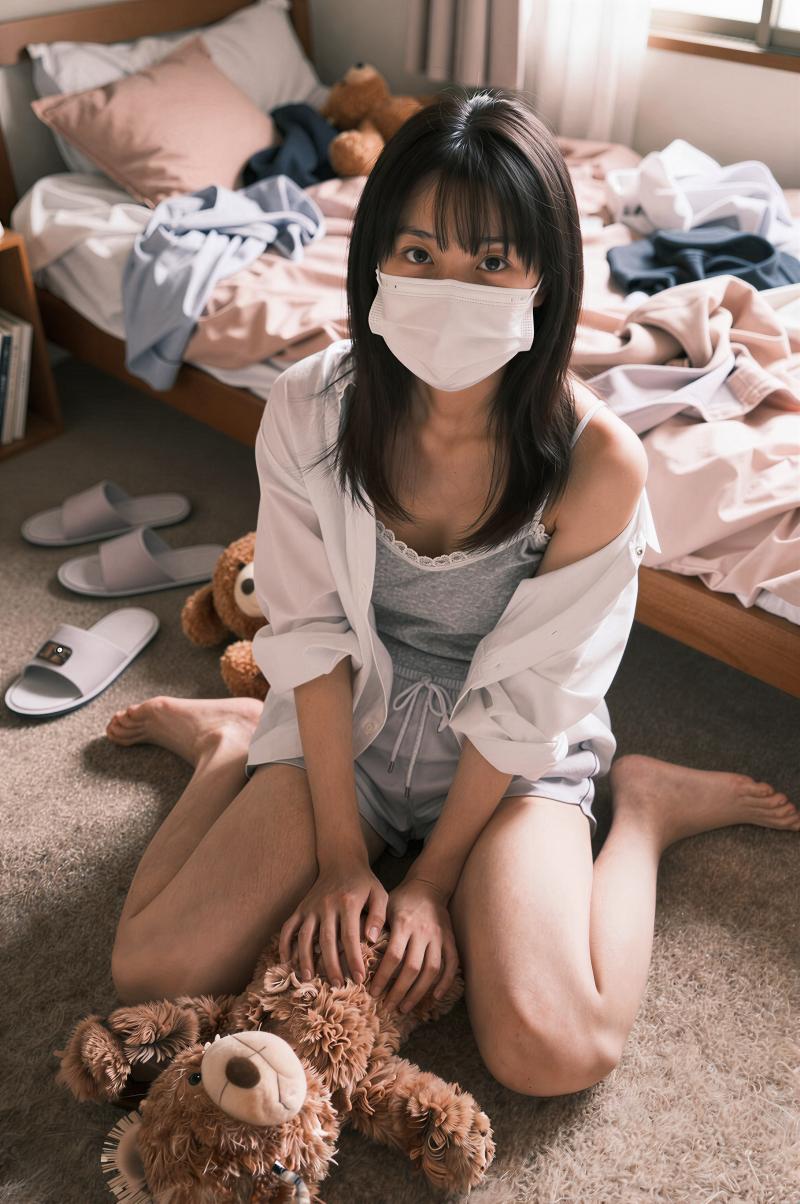 マスクを被った若き女性の室内ポートレート