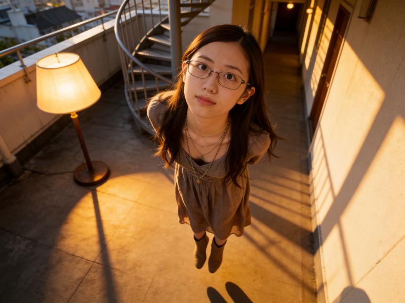 夕暮れ時のバルコニーで見る美女のポートレート