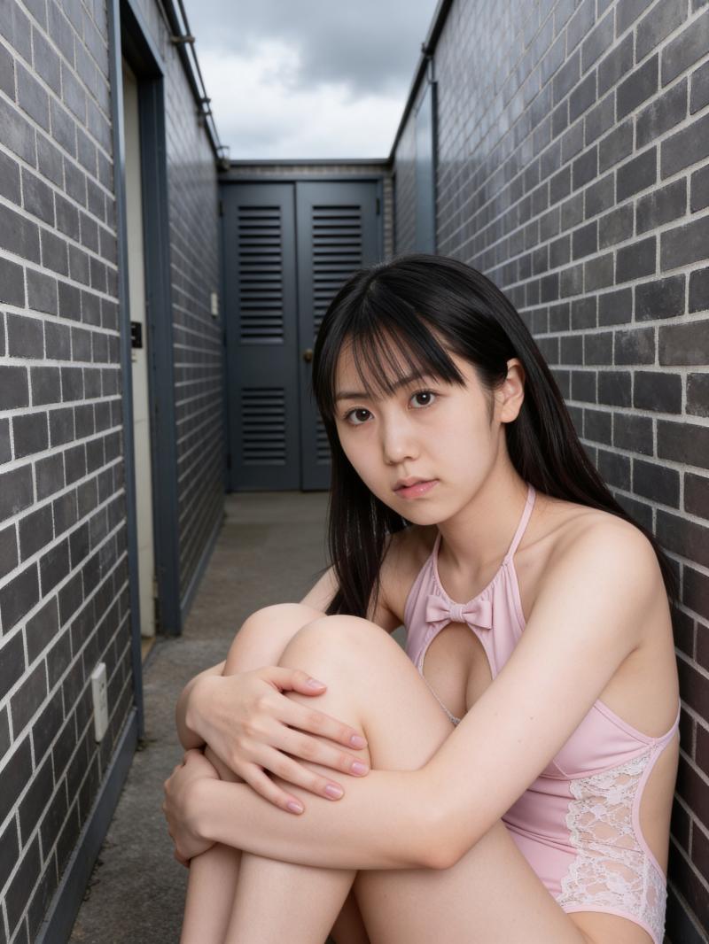 灰色のレンガ壁に座る若き女性のポートレート