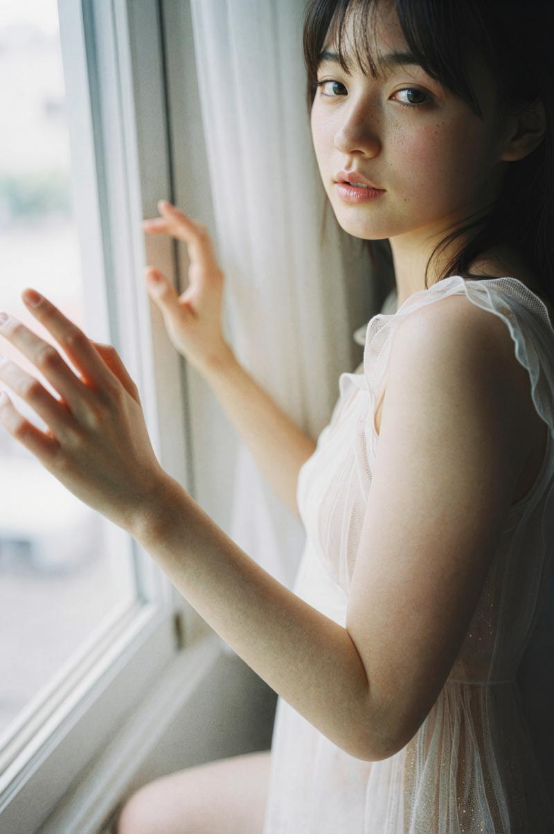 窓辺の白いドレスを着た若き女性のポートレート