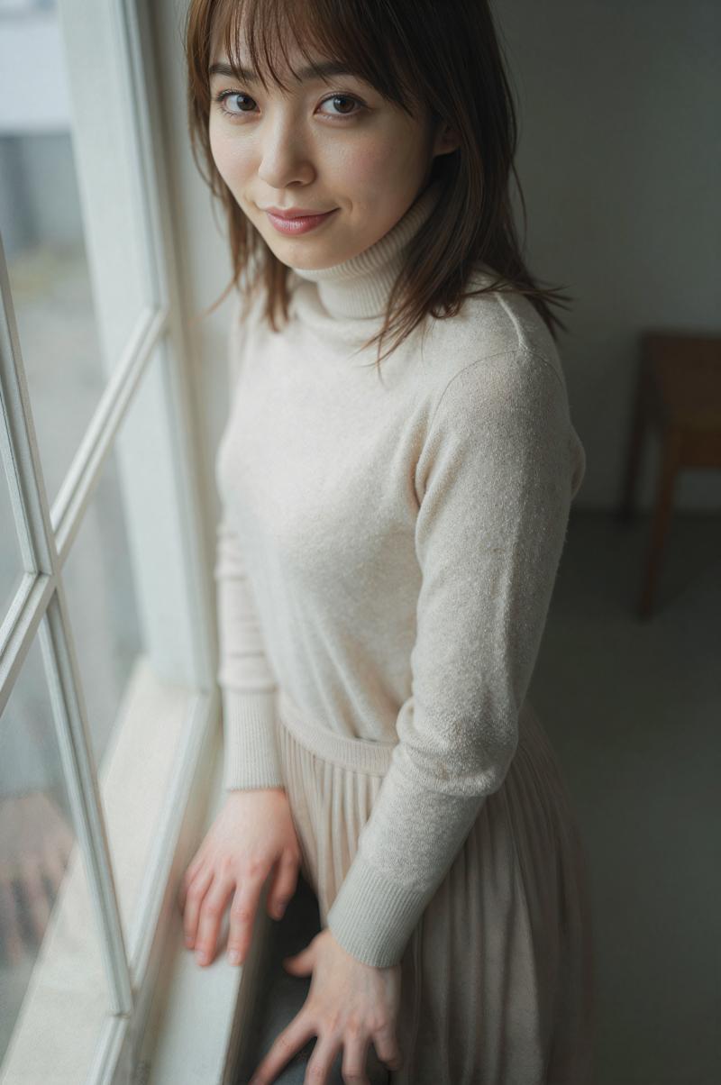 窓辺で微笑む若き女性のポートレート