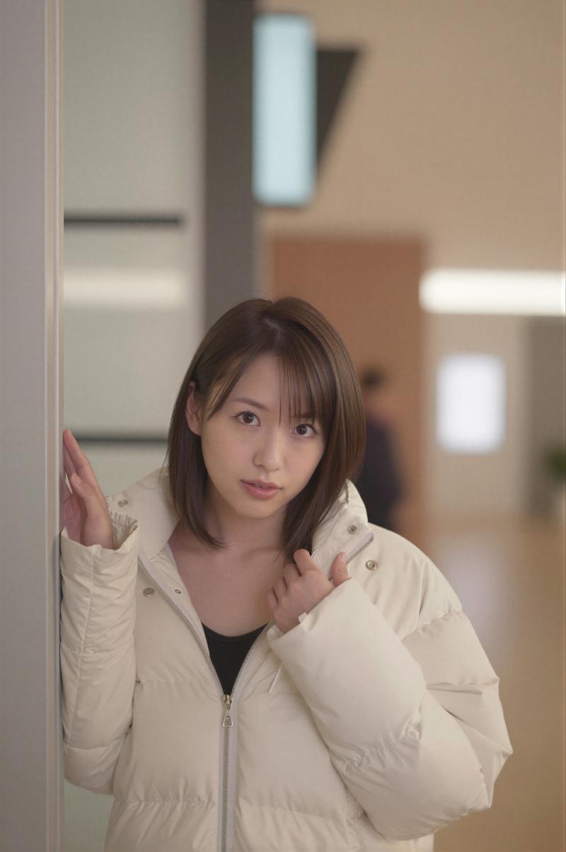 白いダウンジャケットを着た若き女性の室内ポートレート