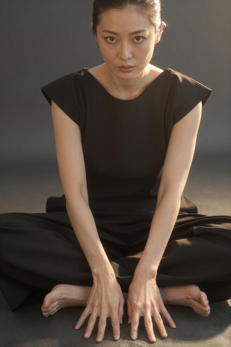 黒のシンプルな衣装をまとったミステリアスな女性のポートレート