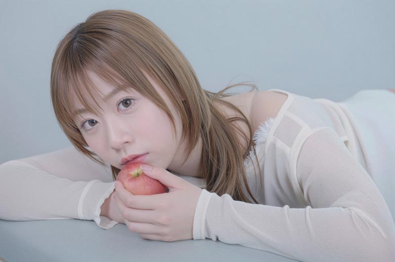 リンゴをかじりポーズの清楚な女性のポートレート