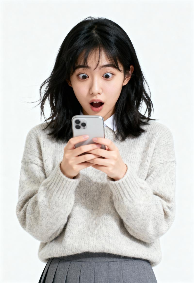 ニットセーターとプリーツスカートを着た若い女性がスマートフォンを手に驚きの表情を浮か...。