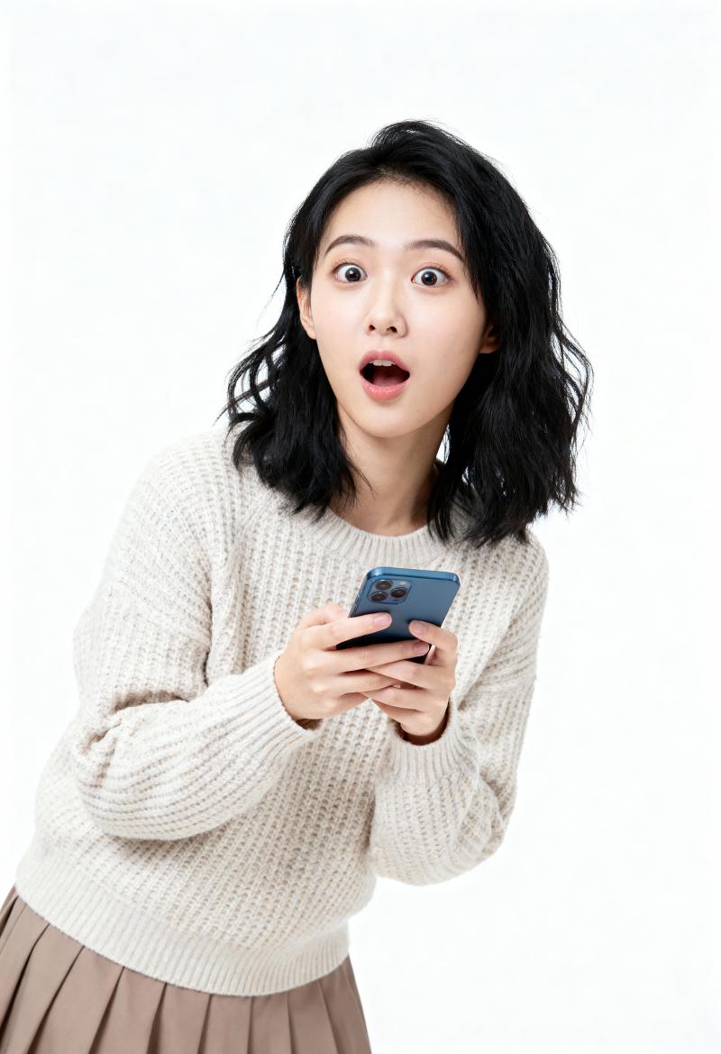 スマートフォンを手に驚きの表情で視聴者を見つめる、驚いた若い女性を正面カメラのアング...。