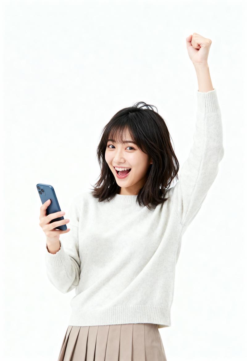 右手に青いスマートフォンを持ち、お祝いの気持ちを込めて拳を突き上げている、陽気な表情...。