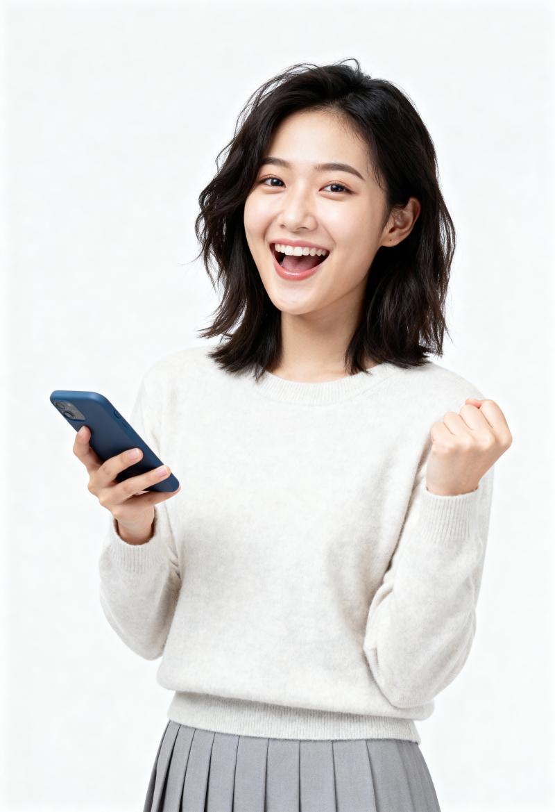 スマートフォンを持った明るい表情の若い女性を正面カメラアングルから写実的に撮影。