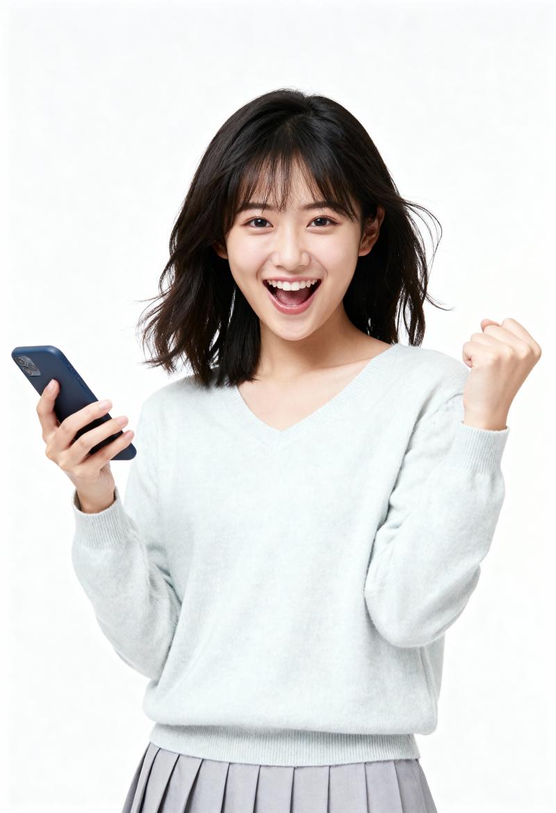 ライトブルーのVネックセーターとグレーのプリーツスカートを着た、右手に携帯電話を持ち...。