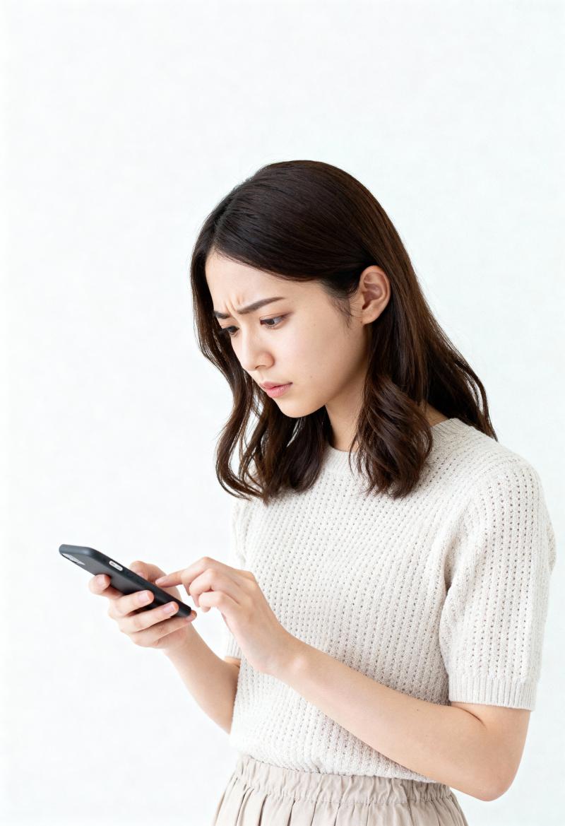 中間色の背景でスマートフォンを使用する若い女性を横顔カメラのアングルから写実的に撮影...。