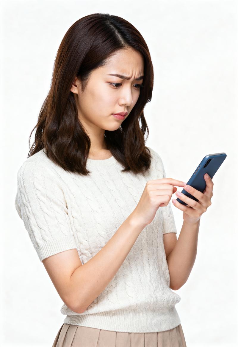 画像の中央に立ち、右手に青いスマートフォンを持ち、心配そうな表情でそれを見下ろしてい...。