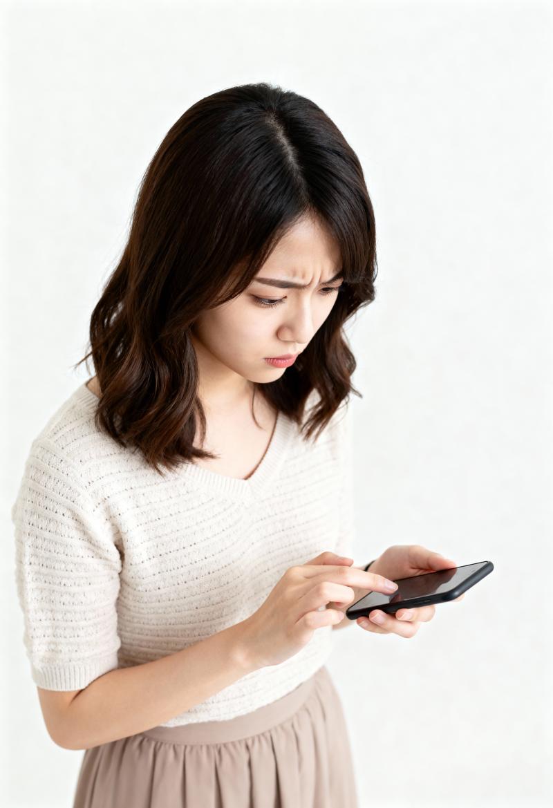 真っ白な背景のニュートラルトーンのスタジオ設定で、スマートフォンを使用する若い女性を...。