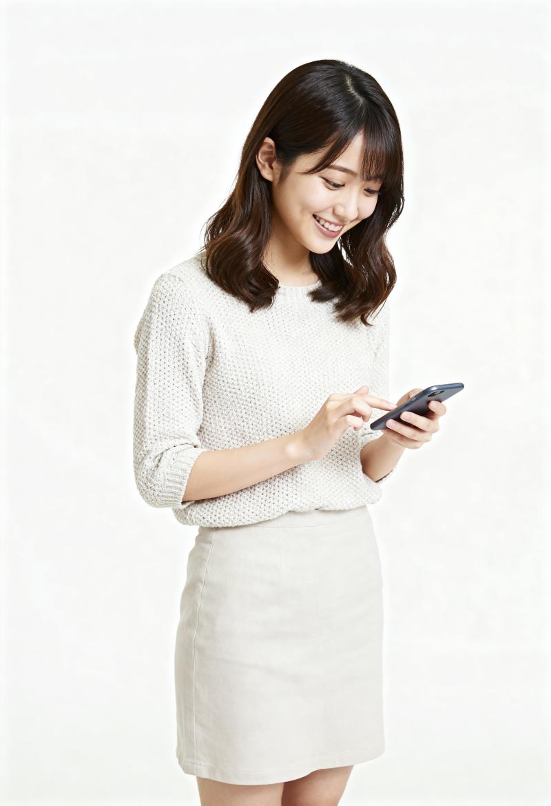 画像の中央に立つ、白いニットセーターと白いペンシルスカートを着た若いアジア人女性。