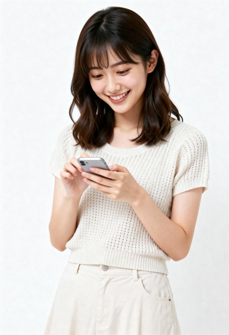 満面の笑みを浮かべながらスマートフォンを使用している若いアジア人女性を正面カメラのア...。