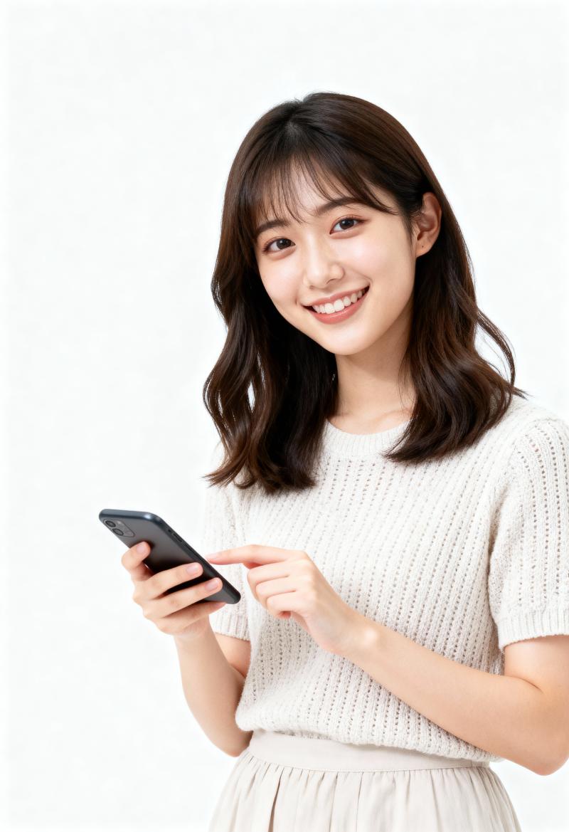 スマートフォンを持ち、カメラに向かって微笑むアジア系の若い女性を、正面カメラのアング...。
