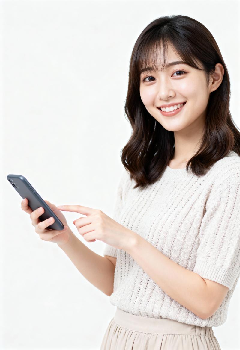 アジア系の若い女性がスマートフォンを持ち、明るい表情で指差している様子を、正面カメラ...。