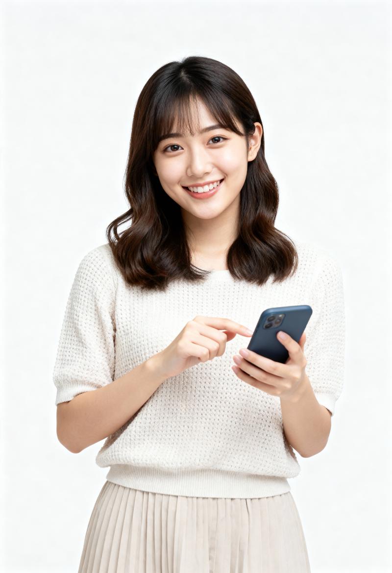 ニットセーターとプリーツスカートを着た若い女性がスマートフォンを持ち満面の笑みを浮か...。
