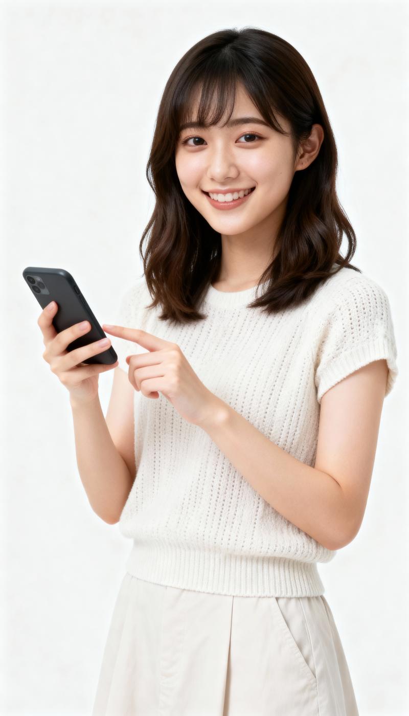 スマートフォンを持ってカメラに向かって微笑む若い女性を、正面カメラのアングルから写実...。