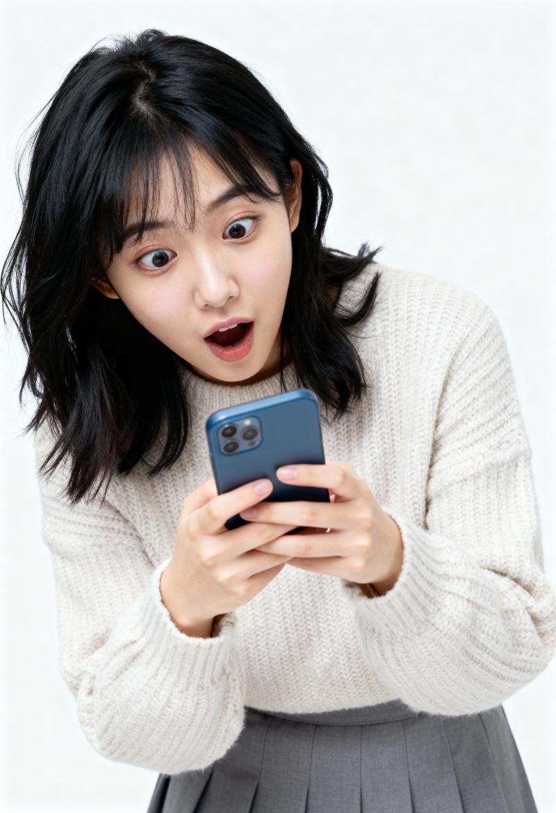 白いニットセーターとグレーのプリーツスカートを着た若い女性が、スマートフォンを持って...。