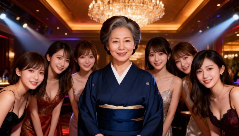 画像の中央に青い着物を着た年配のアジア人女性が写実的に描かれており、その周りをエレガ...。