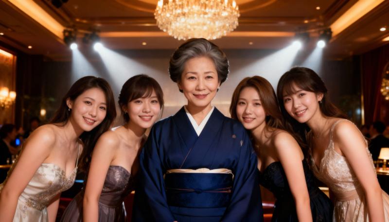 伝統的な青い着物を着た年配の日本人女性が画像の中央に立ち、エレガントなイブニングドレ...。