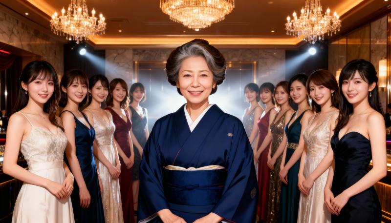 画像の中央に立つ青い着物を着た年配の女性の写実的なポートレートが、エレガントなイブニ...。