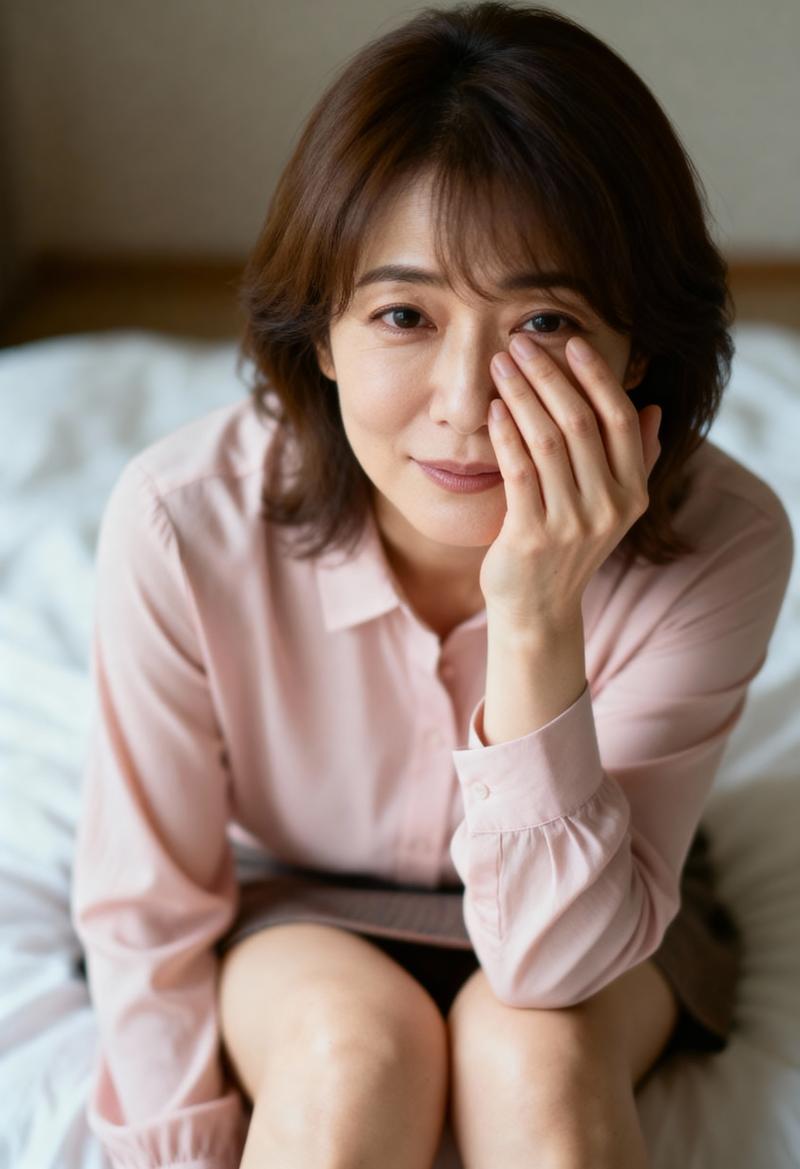 ベッドに座り、瞑想的な表情でカメラを直接見つめる中年のアジア人女性のポートレート。
