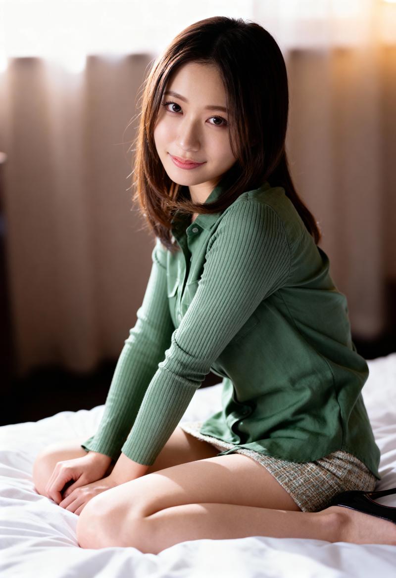 緑のカーディガンとチェック柄のスカートを着て、リラックスしたポーズでベッドに座ってい...。