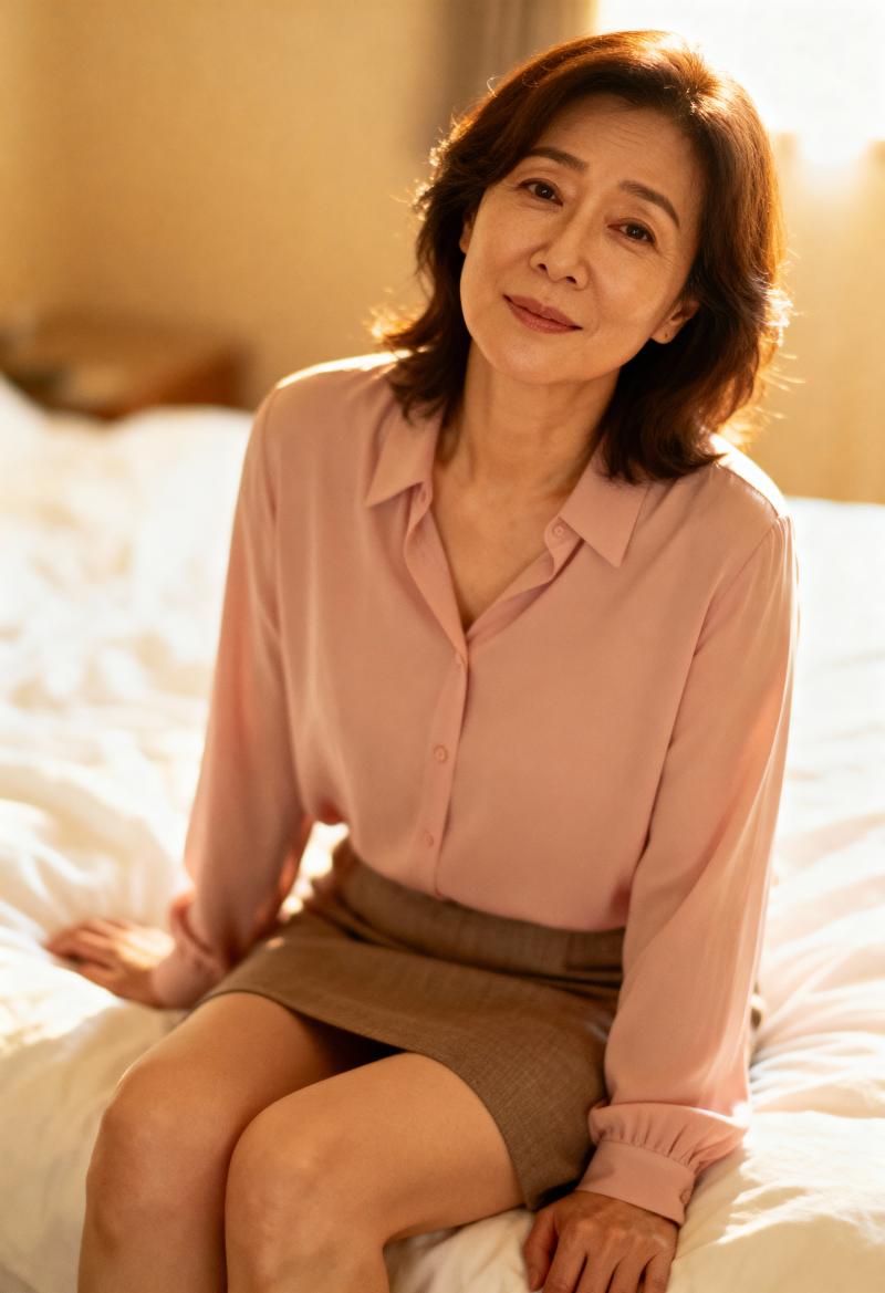 柔らかく照らされた部屋のベッドに座り、ピンクのブラウスと茶色の短いスカートを履いたア...。