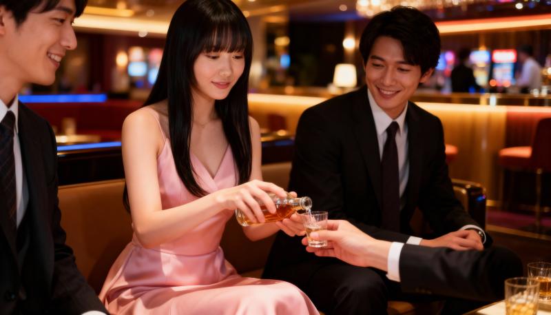 薄暗いバーの雰囲気の中でドリンクを楽しむ、フォーマルな服装をしたアジア系の若い男性 ...。